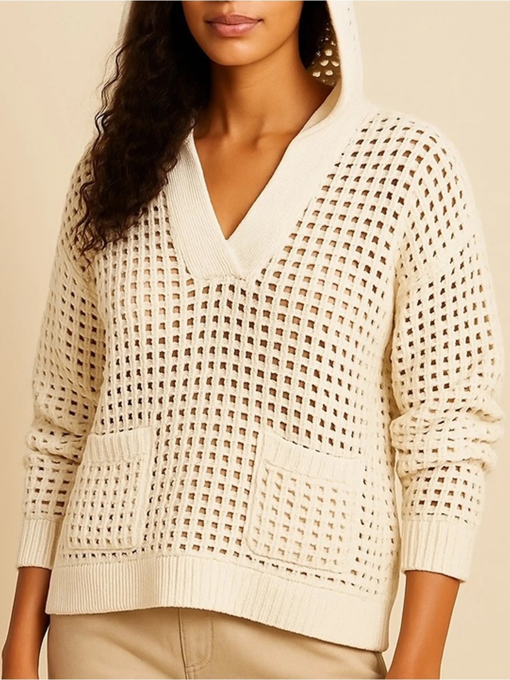 Lou & Grey | Cream crochet V-Neck Sweater with Front Pockets & hood Sz S